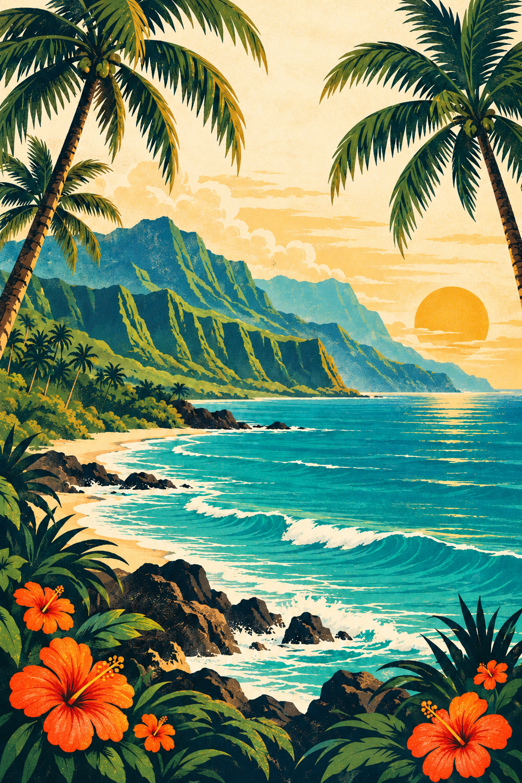 Vintage-style illustration of a sunlit tropical coast, palm trees, hibiscus flowers, and rolling ocean waves.
