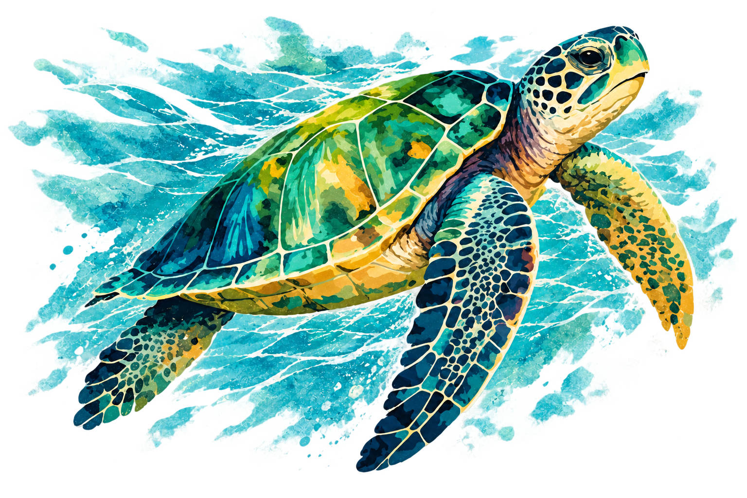 Vintage print illustration of a turquoise and green sea turtle gliding through ocean waves.